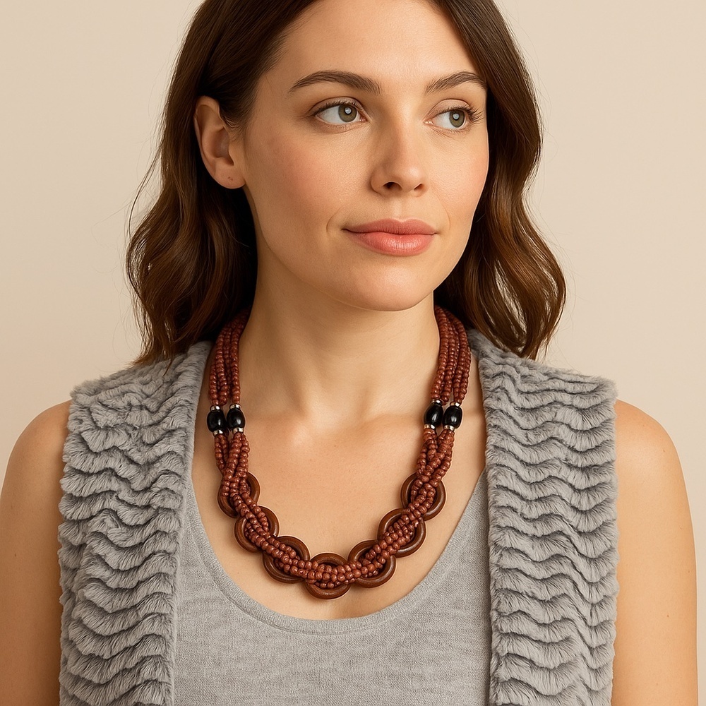 Vintage Rust Red Twisted Seed Bead Wood Ring Statement Necklace Boho‎ OS